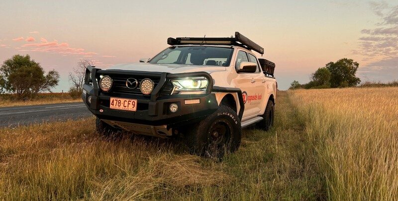 Mazda BT-50 with Opposite Lock bull bar and driving lights at sunset